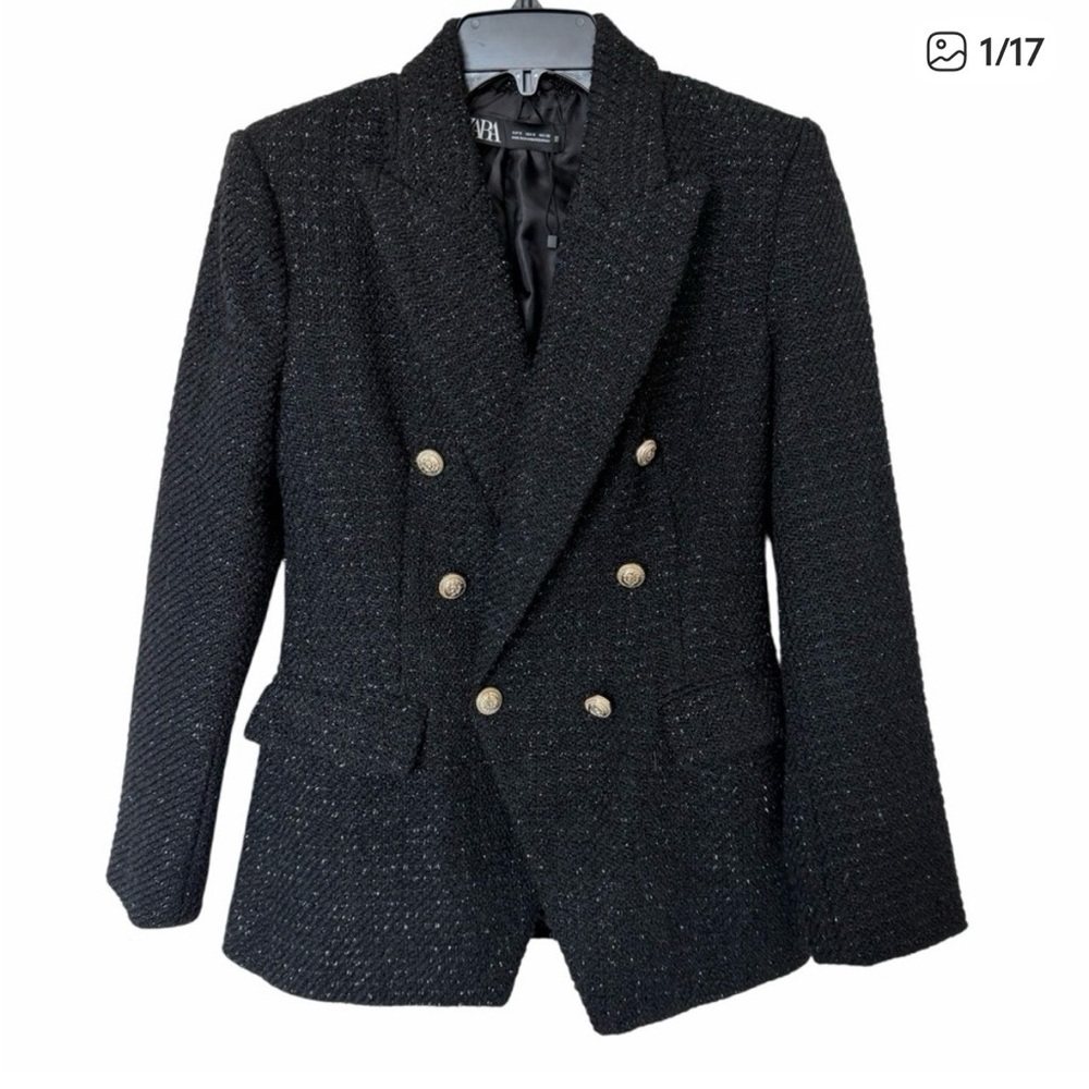 Zara Black Textured Tweed fabric Long Blazer with Gold Buttons size S